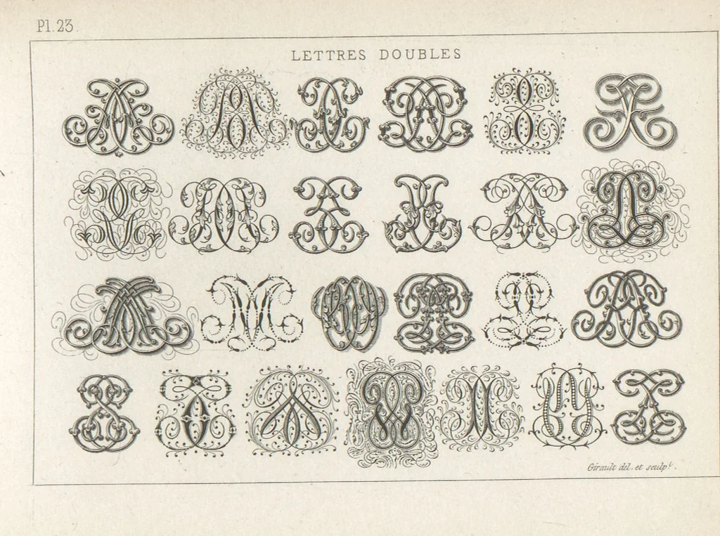 An illustration from Álbum graphique : recueil d'alphabets français, étrangers et ornés, couronnes, armes, supports, chiffres entrelacés et ornés : [volume 1] / monogrammes tires d'anciens manuscrits et composés par J. Girault, 1870, leaf 58