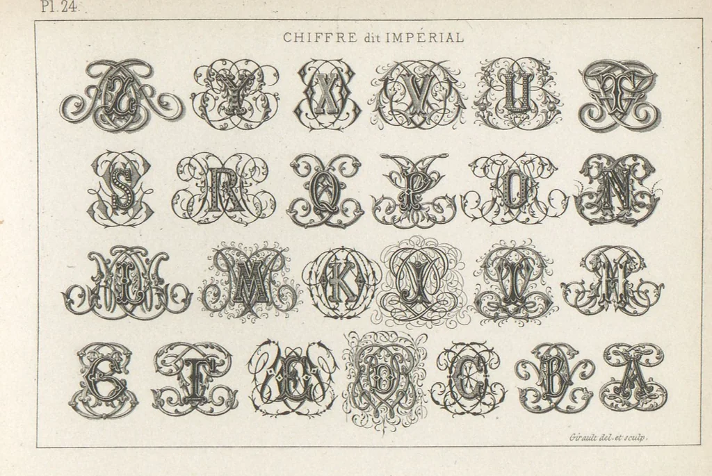 An illustration from Álbum graphique : recueil d'alphabets français, étrangers et ornés, couronnes, armes, supports, chiffres entrelacés et ornés : [volume 1] / monogrammes tires d'anciens manuscrits et composés par J. Girault, 1870, leaf 59