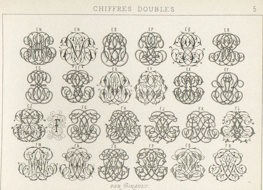An illustration from Álbum graphique : recueil d'alphabets français, étrangers et ornés, couronnes, armes, supports, chiffres entrelacés et ornés : [volume 1] / monogrammes tires d'anciens manuscrits et composés par J. Girault, 1870, leaf 66