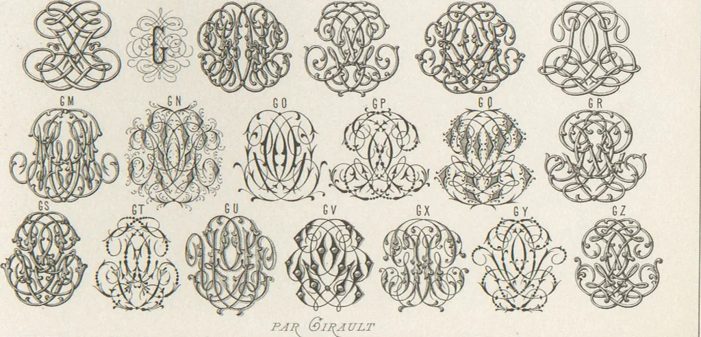 An illustration from Álbum graphique : recueil d'alphabets français, étrangers et ornés, couronnes, armes, supports, chiffres entrelacés et ornés : [volume 1] / monogrammes tires d'anciens manuscrits et composés par J. Girault, 1870, leaf 67