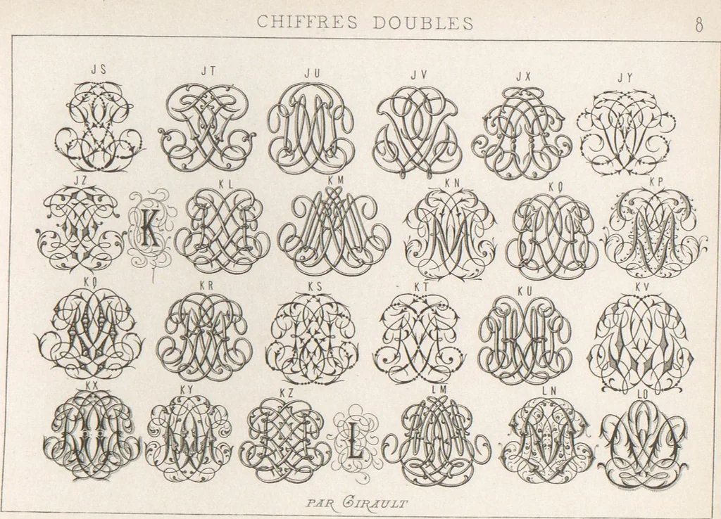 An illustration from Álbum graphique : recueil d'alphabets français, étrangers et ornés, couronnes, armes, supports, chiffres entrelacés et ornés : [volume 1] / monogrammes tires d'anciens manuscrits et composés par J. Girault, 1870, leaf 69