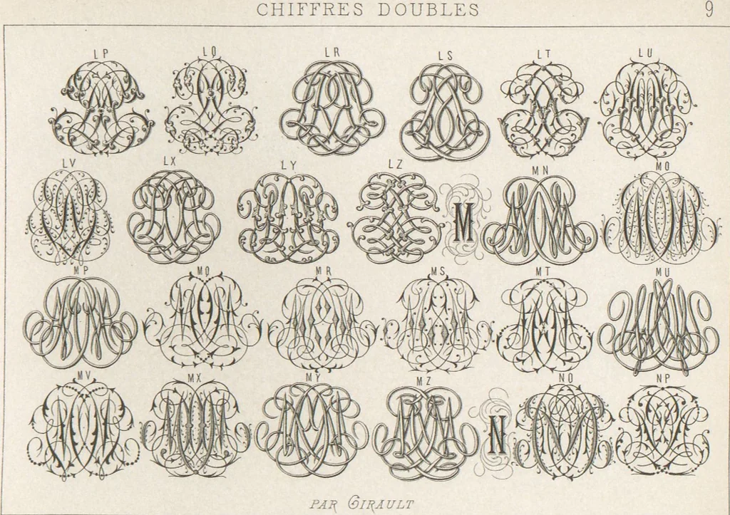 An illustration from Álbum graphique : recueil d'alphabets français, étrangers et ornés, couronnes, armes, supports, chiffres entrelacés et ornés : [volume 1] / monogrammes tires d'anciens manuscrits et composés par J. Girault, 1870, leaf 70
