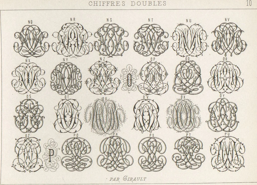 An illustration from Álbum graphique : recueil d'alphabets français, étrangers et ornés, couronnes, armes, supports, chiffres entrelacés et ornés : [volume 1] / monogrammes tires d'anciens manuscrits et composés par J. Girault, 1870, leaf 71