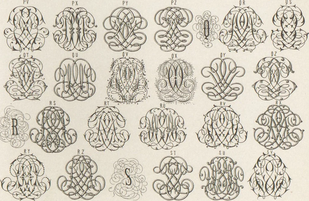 An illustration from Álbum graphique : recueil d'alphabets français, étrangers et ornés, couronnes, armes, supports, chiffres entrelacés et ornés : [volume 1] / monogrammes tires d'anciens manuscrits et composés par J. Girault, 1870, leaf 72