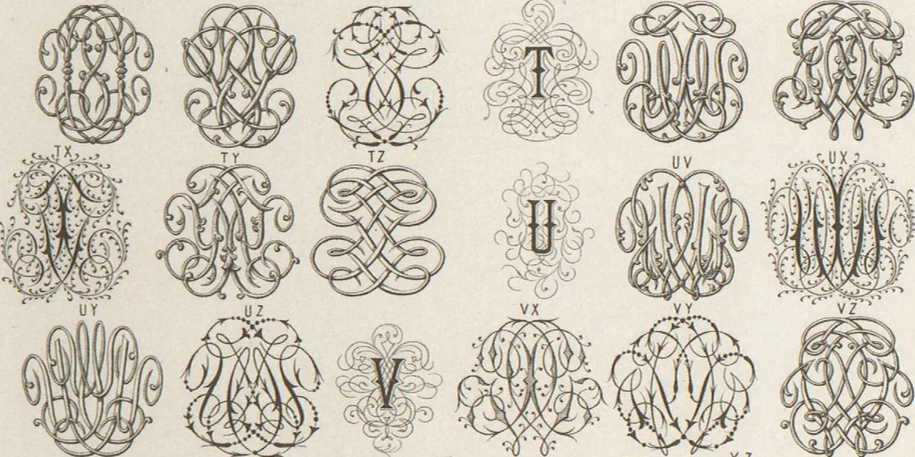 An illustration from Álbum graphique : recueil d'alphabets français, étrangers et ornés, couronnes, armes, supports, chiffres entrelacés et ornés : [volume 1] / monogrammes tires d'anciens manuscrits et composés par J. Girault, 1870, leaf 73