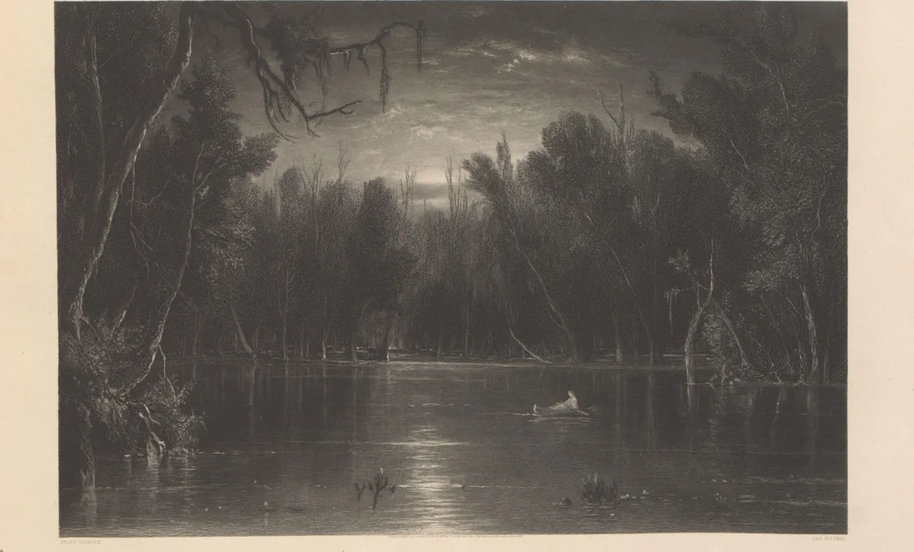 An illustration from Gallery of landscape painters : comprising twenty-four illustrations of American scenery, from paintings by G.L. Brown, W.H. Beard, Casilear, Colman, DeHaas, Gignoux, William Hart, James M. Hart, Hill, Hinshelwood, Hubbard, Inness, Kensett, Momberger, J.D. Smillie, Geo. H. Smillie, Whittredge ; Engraved on steel, by eminent engravers, with letter-press descriptions, 1872, leaf 15