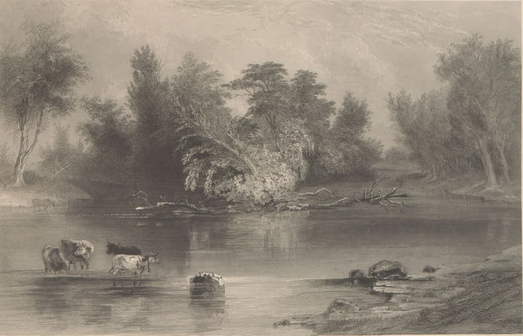 An illustration from Gallery of landscape painters : comprising twenty-four illustrations of American scenery, from paintings by G.L. Brown, W.H. Beard, Casilear, Colman, DeHaas, Gignoux, William Hart, James M. Hart, Hill, Hinshelwood, Hubbard, Inness, Kensett, Momberger, J.D. Smillie, Geo. H. Smillie, Whittredge ; Engraved on steel, by eminent engravers, with letter-press descriptions, 1872, leaf 21