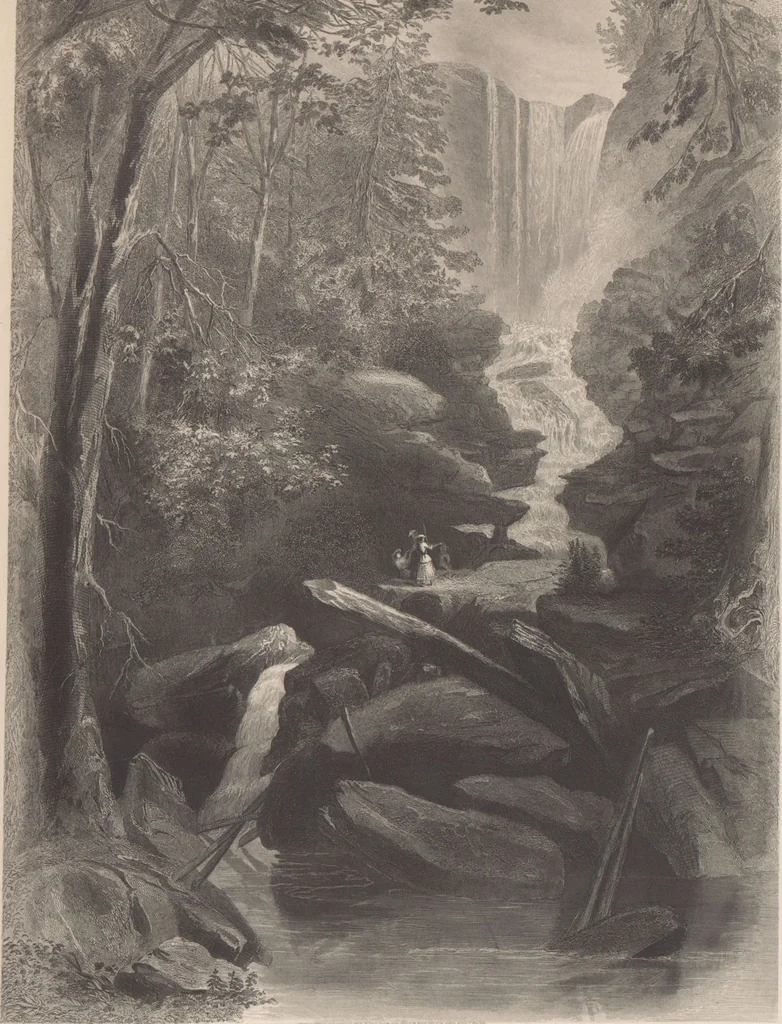 An illustration from Gallery of landscape painters : comprising twenty-four illustrations of American scenery, from paintings by G.L. Brown, W.H. Beard, Casilear, Colman, DeHaas, Gignoux, William Hart, James M. Hart, Hill, Hinshelwood, Hubbard, Inness, Kensett, Momberger, J.D. Smillie, Geo. H. Smillie, Whittredge ; Engraved on steel, by eminent engravers, with letter-press descriptions, 1872, leaf 35
