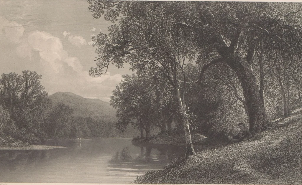 An illustration from Gallery of landscape painters : comprising twenty-four illustrations of American scenery, from paintings by G.L. Brown, W.H. Beard, Casilear, Colman, DeHaas, Gignoux, William Hart, James M. Hart, Hill, Hinshelwood, Hubbard, Inness, Kensett, Momberger, J.D. Smillie, Geo. H. Smillie, Whittredge ; Engraved on steel, by eminent engravers, with letter-press descriptions, 1872, leaf 41