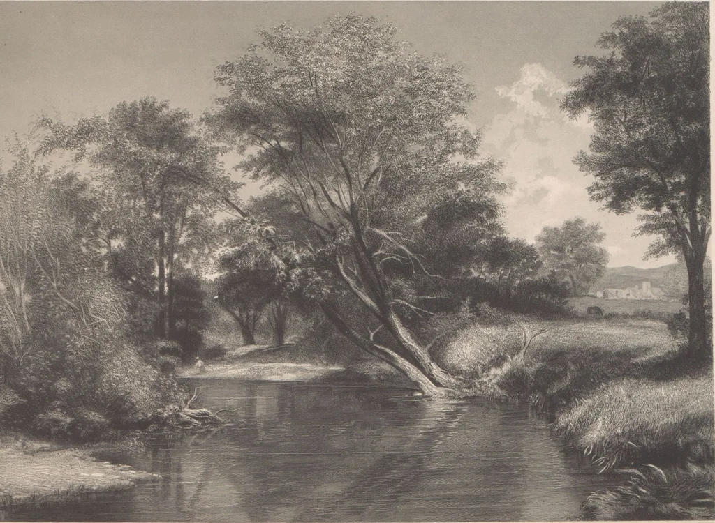 An illustration from Gallery of landscape painters : comprising twenty-four illustrations of American scenery, from paintings by G.L. Brown, W.H. Beard, Casilear, Colman, DeHaas, Gignoux, William Hart, James M. Hart, Hill, Hinshelwood, Hubbard, Inness, Kensett, Momberger, J.D. Smillie, Geo. H. Smillie, Whittredge ; Engraved on steel, by eminent engravers, with letter-press descriptions, 1872, leaf 45