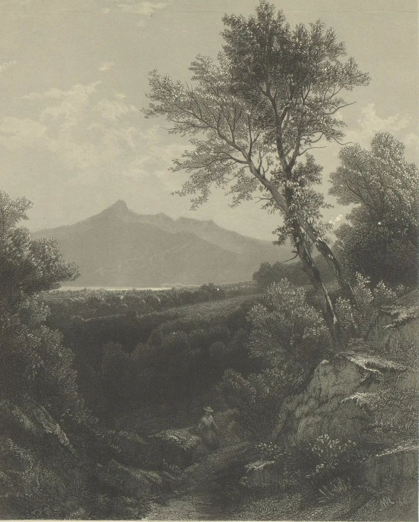 An illustration from Gallery of landscape painters : comprising twenty-four illustrations of American scenery, from paintings by G.L. Brown, W.H. Beard, Casilear, Colman, DeHaas, Gignoux, William Hart, James M. Hart, Hill, Hinshelwood, Hubbard, Inness, Kensett, Momberger, J.D. Smillie, Geo. H. Smillie, Whittredge ; Engraved on steel, by eminent engravers, with letter-press descriptions, 1872, leaf 5
