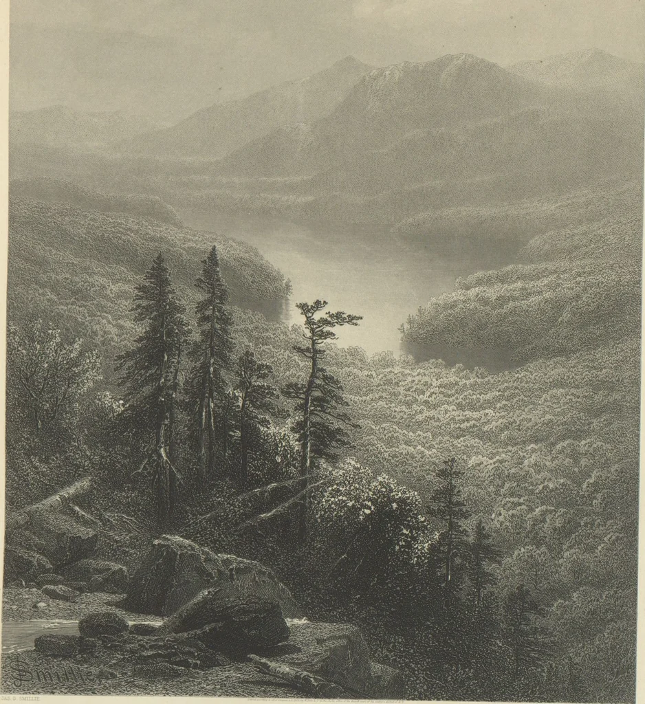 An illustration from Gallery of landscape painters : comprising twenty-four illustrations of American scenery, from paintings by G.L. Brown, W.H. Beard, Casilear, Colman, DeHaas, Gignoux, William Hart, James M. Hart, Hill, Hinshelwood, Hubbard, Inness, Kensett, Momberger, J.D. Smillie, Geo. H. Smillie, Whittredge ; Engraved on steel, by eminent engravers, with letter-press descriptions, 1872, leaf 9
