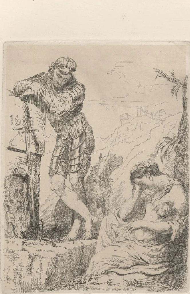 An illustration from Original etchings / by Sir George Hayter, historical and portrait painter to His Majesty the King of Belgium, and member of the Academy of Rome, Florence, Bologna, Parma and Venice : forty-six etchings, 1879, leaf 21
