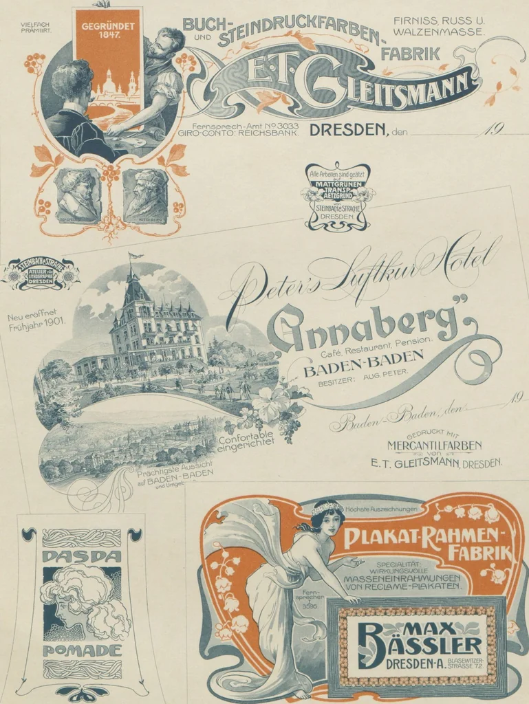 An illustration from Der Moderne Merkantil-Lithograph : eine Sammlung merkantiler Arbeiten / hrsg. von Steinbach & Strache, 1901, leaf 9