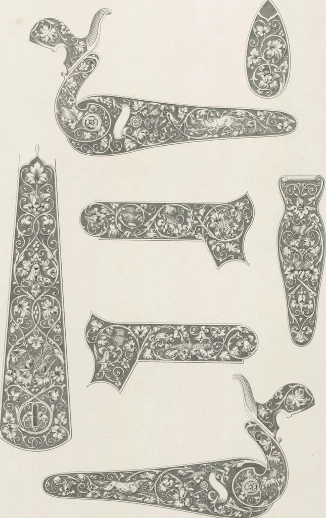 An illustration from Recueil d'ornements et de sujets pour être appliqués à l'ornementation des armes d'après les dessins des principaux artistes / gravé et publié par Charles Claesen, 1800, leaf 10