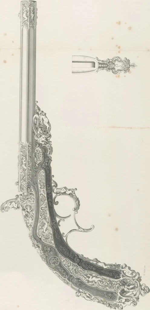 An illustration from Recueil d'ornements et de sujets pour être appliqués à l'ornementation des armes d'après les dessins des principaux artistes / gravé et publié par Charles Claesen, 1800, leaf 12