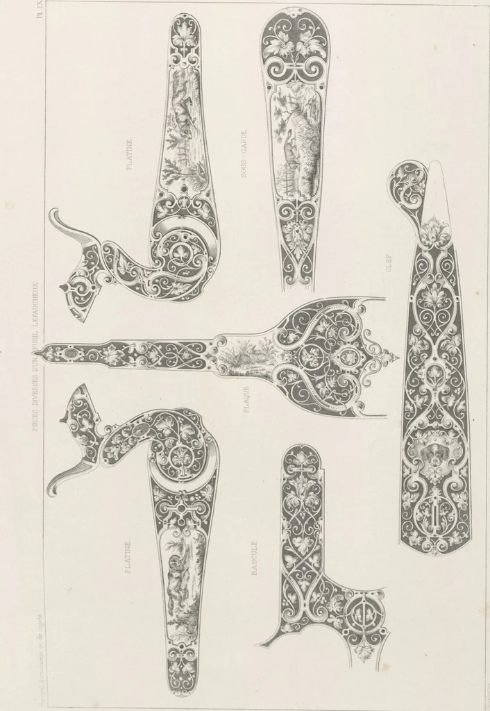 An illustration from Recueil d'ornements et de sujets pour être appliqués à l'ornementation des armes d'après les dessins des principaux artistes / gravé et publié par Charles Claesen, 1800, leaf 13