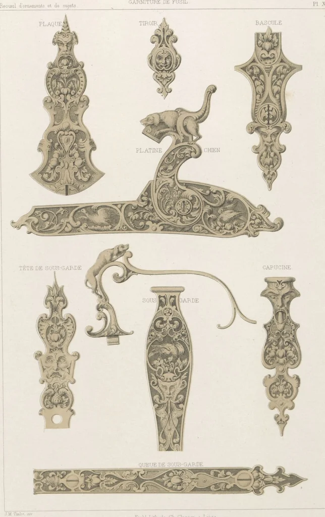 An illustration from Recueil d'ornements et de sujets pour être appliqués à l'ornementation des armes d'après les dessins des principaux artistes / gravé et publié par Charles Claesen, 1800, leaf 14