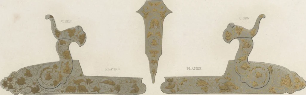 An illustration from Recueil d'ornements et de sujets pour être appliqués à l'ornementation des armes d'après les dessins des principaux artistes / gravé et publié par Charles Claesen, 1800, leaf 17