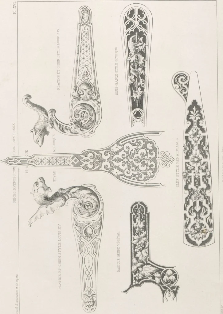 An illustration from Recueil d'ornements et de sujets pour être appliqués à l'ornementation des armes d'après les dessins des principaux artistes / gravé et publié par Charles Claesen, 1800, leaf 18