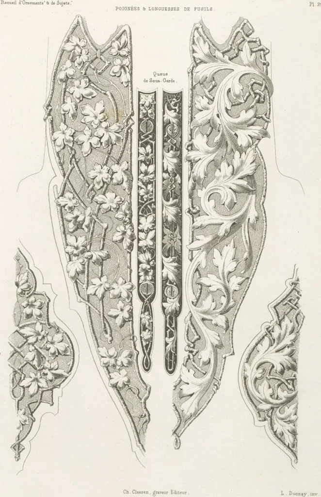 An illustration from Recueil d'ornements et de sujets pour être appliqués à l'ornementation des armes d'après les dessins des principaux artistes / gravé et publié par Charles Claesen, 1800, leaf 23