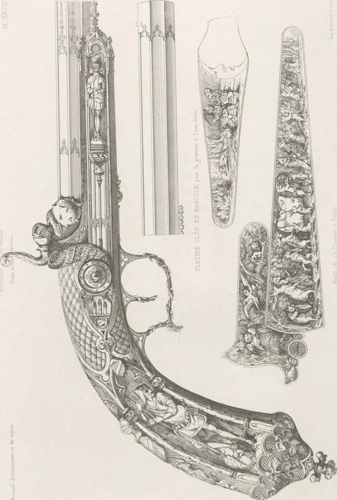 An illustration from Recueil d'ornements et de sujets pour être appliqués à l'ornementation des armes d'après les dessins des principaux artistes / gravé et publié par Charles Claesen, 1800, leaf 30