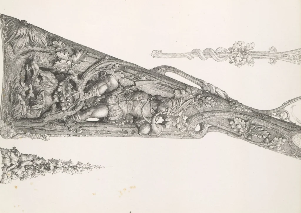 An illustration from Recueil d'ornements et de sujets pour être appliqués à l'ornementation des armes d'après les dessins des principaux artistes / gravé et publié par Charles Claesen, 1800, leaf 37
