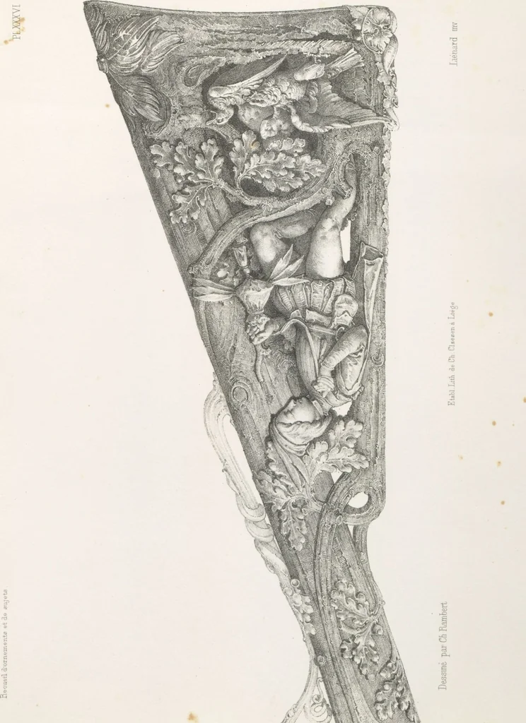 An illustration from Recueil d'ornements et de sujets pour être appliqués à l'ornementation des armes d'après les dessins des principaux artistes / gravé et publié par Charles Claesen, 1800, leaf 38