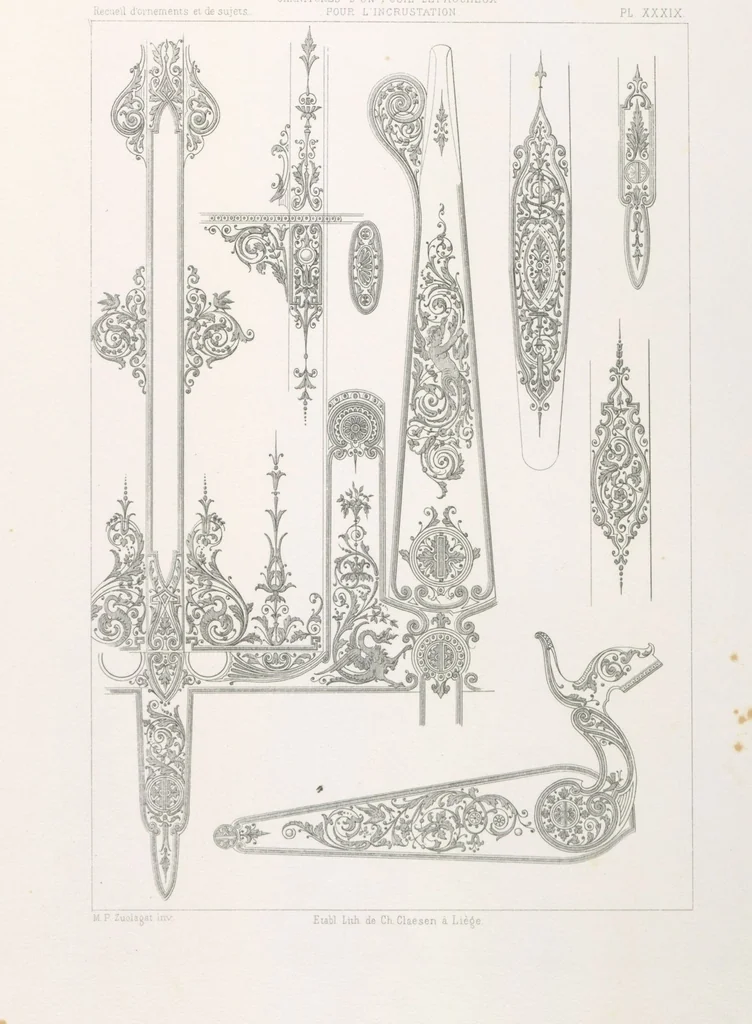 An illustration from Recueil d'ornements et de sujets pour être appliqués à l'ornementation des armes d'après les dessins des principaux artistes / gravé et publié par Charles Claesen, 1800, leaf 40