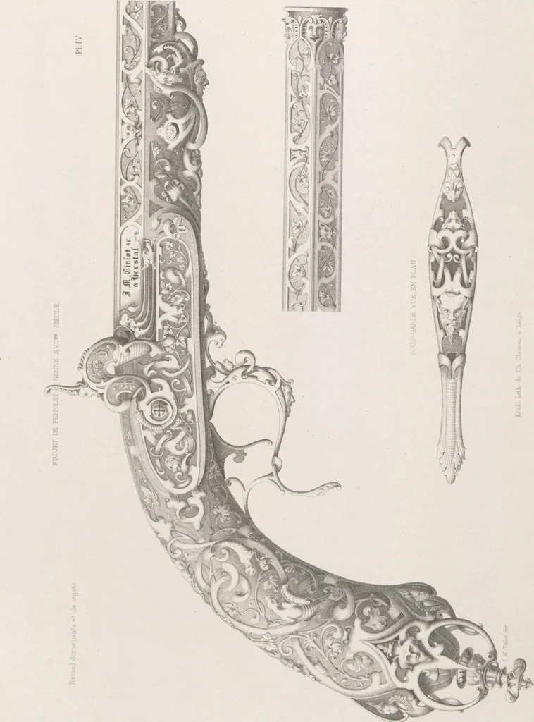 An illustration from Recueil d'ornements et de sujets pour être appliqués à l'ornementation des armes d'après les dessins des principaux artistes / gravé et publié par Charles Claesen, 1800, leaf 8