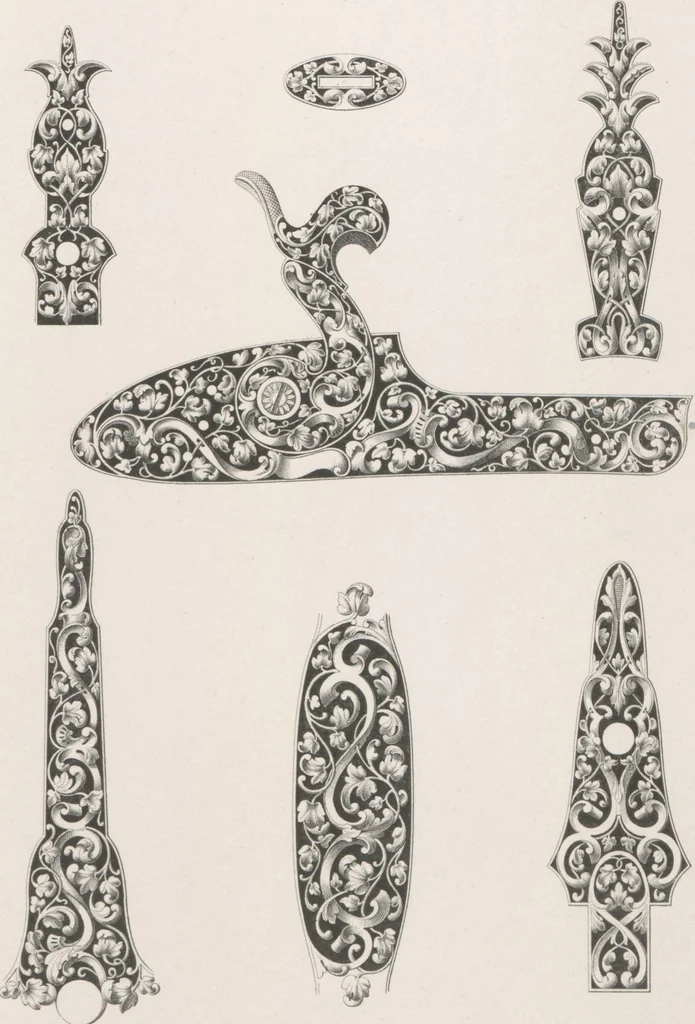 An illustration from Recueil d'ornements et de sujets pour être appliqués à l'ornementation des armes d'après les dessins des principaux artistes / gravé et publié par Charles Claesen, 1800, leaf 9