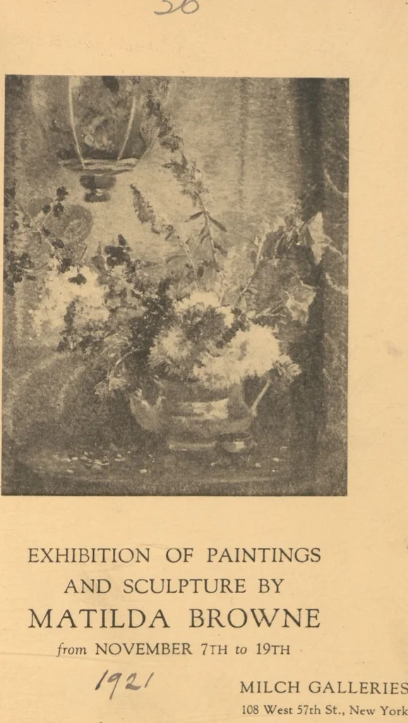 An illustration from Exhibition of paintings and sculpture by Matilda Browne : from November 7th to 19th, 1921, leaf 1