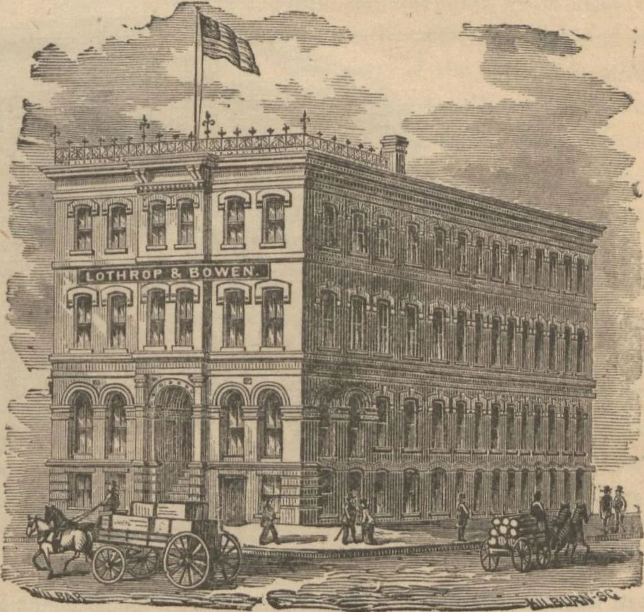 An illustration from Industries of Massachusetts : historical and descriptive review of Lynn, Lowell, Lawrence, Haverhill, Salem, Beverly, Peabody, Danvers, Gloucester, Newburyport and Amesbury, and their leading manufacturers and merchants, 1886, leaf 21