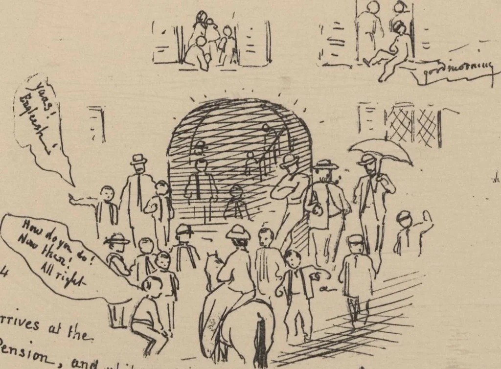 An illustration from How we spent the summer, or, A "Voyage en zigzag" in Switzerland and Tyrol with some members of the Alpine Club : from the sketch book of one of the party [i.e. Elizabeth Tuckett], 1864, leaf 32