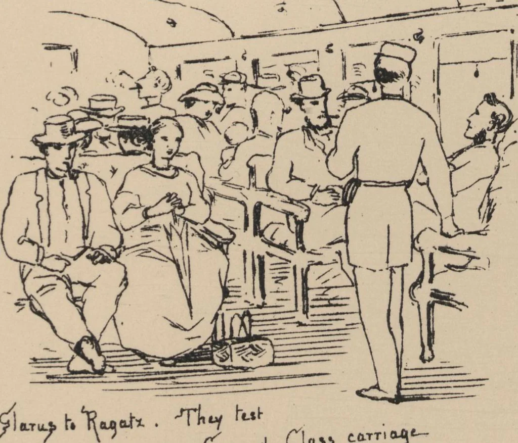 An illustration from How we spent the summer, or, A "Voyage en zigzag" in Switzerland and Tyrol with some members of the Alpine Club : from the sketch book of one of the party [i.e. Elizabeth Tuckett], 1864, leaf 42