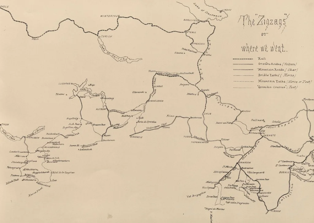 An illustration from How we spent the summer, or, A "Voyage en zigzag" in Switzerland and Tyrol with some members of the Alpine Club : from the sketch book of one of the party [i.e. Elizabeth Tuckett], 1864, leaf 6