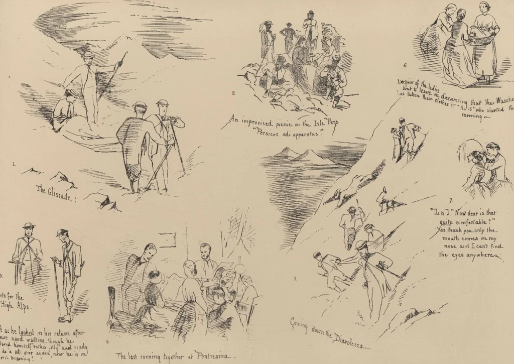 An illustration from How we spent the summer, or, A "Voyage en zigzag" in Switzerland and Tyrol with some members of the Alpine Club : from the sketch book of one of the party [i.e. Elizabeth Tuckett], 1864, leaf 72