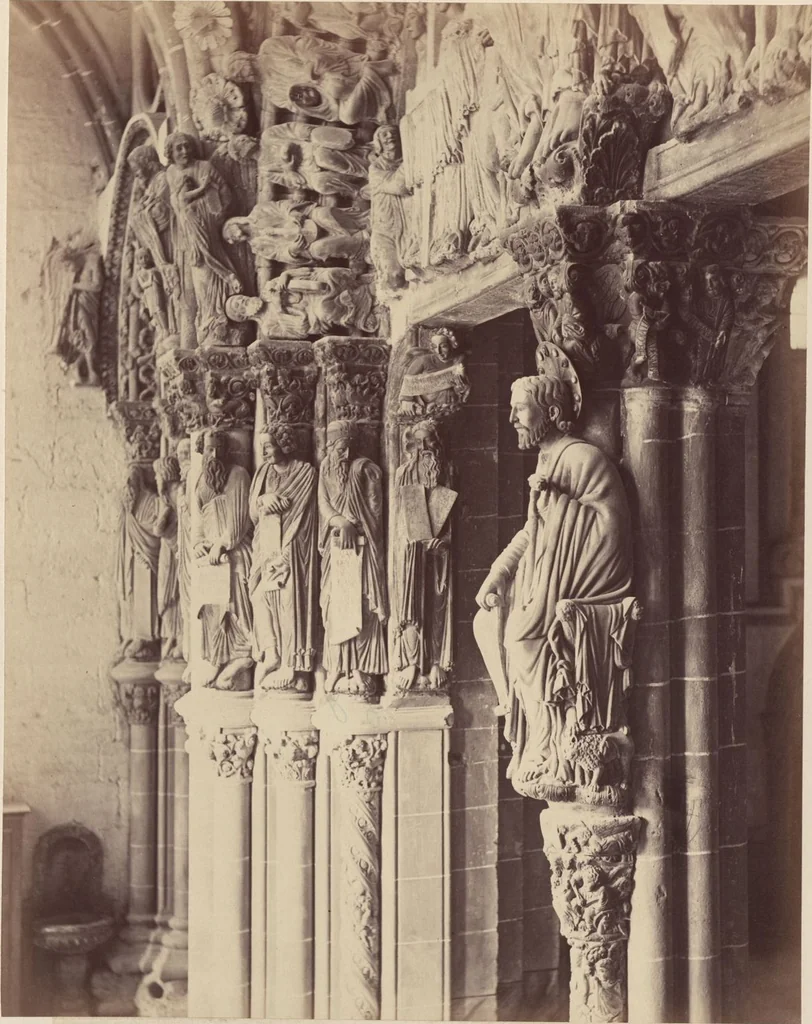 An illustration from The Cathedral of Santiago de Compostella in Spain, showing especially the sculpture of the Pórtico de la Gloria by Mestre Mateo / a series of twenty photographs recently taken by Thurston Thompson, 1868, leaf 18