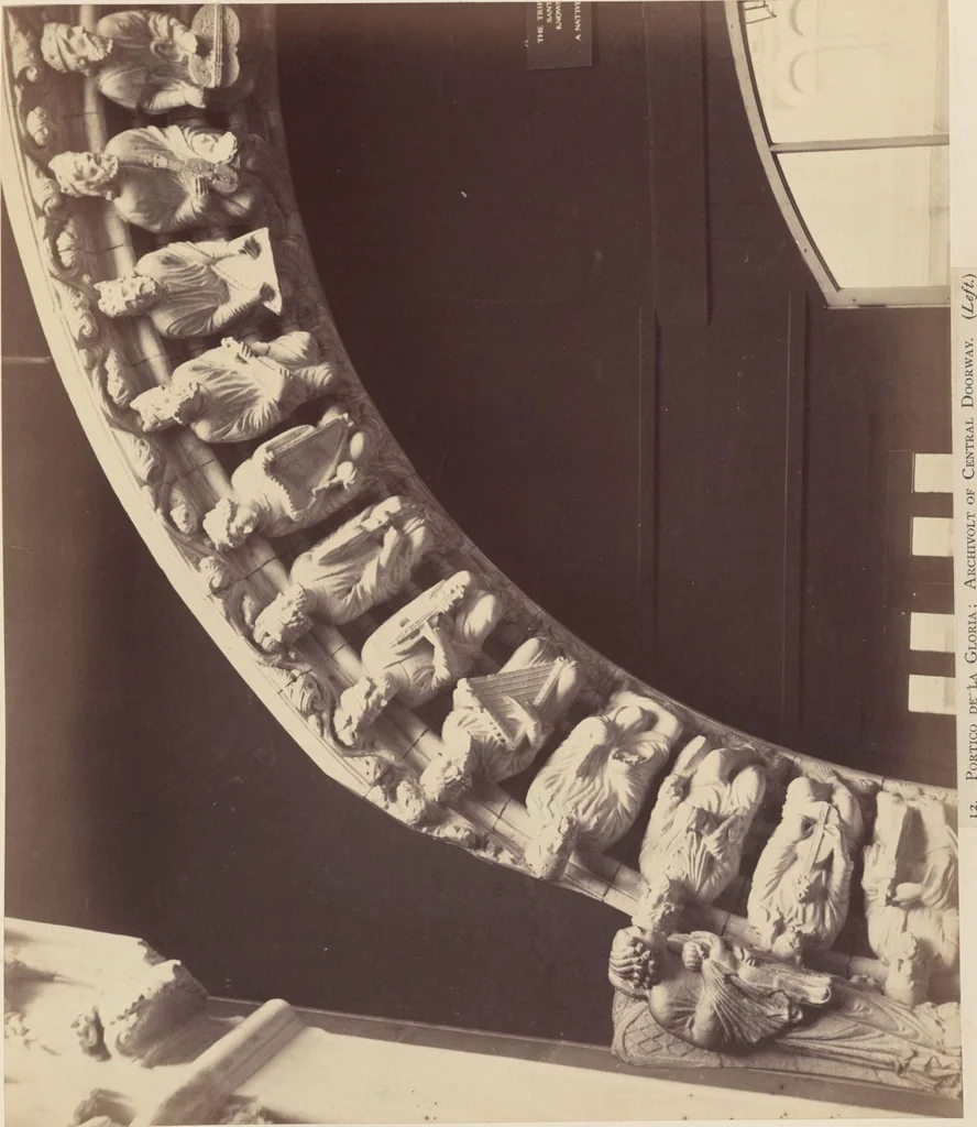 An illustration from The Cathedral of Santiago de Compostella in Spain, showing especially the sculpture of the Pórtico de la Gloria by Mestre Mateo / a series of twenty photographs recently taken by Thurston Thompson, 1868, leaf 32