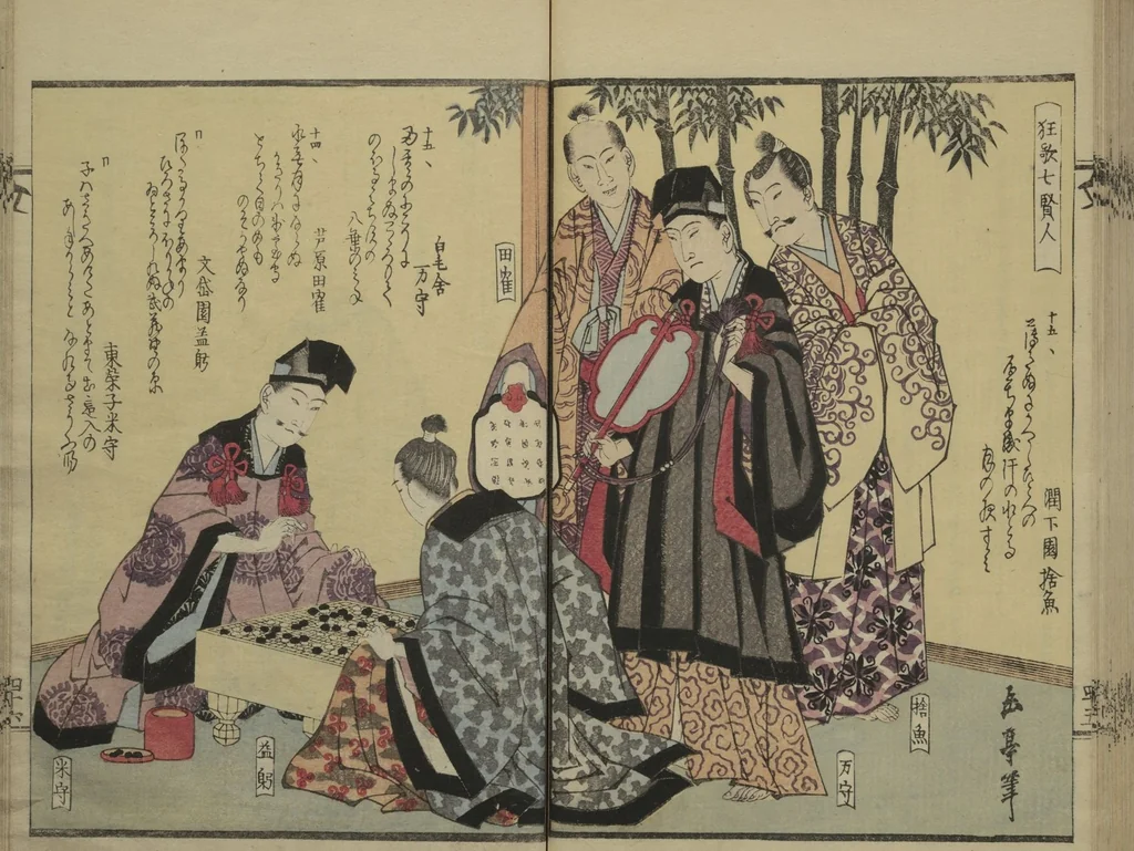 An illustration from Collection of Kyōka Verse with Portraits of Poets in Famous Numerical Groupings (Kyōka meisū gazō shū 狂歌名数画像集) : [volume 1], 1830, leaf 48