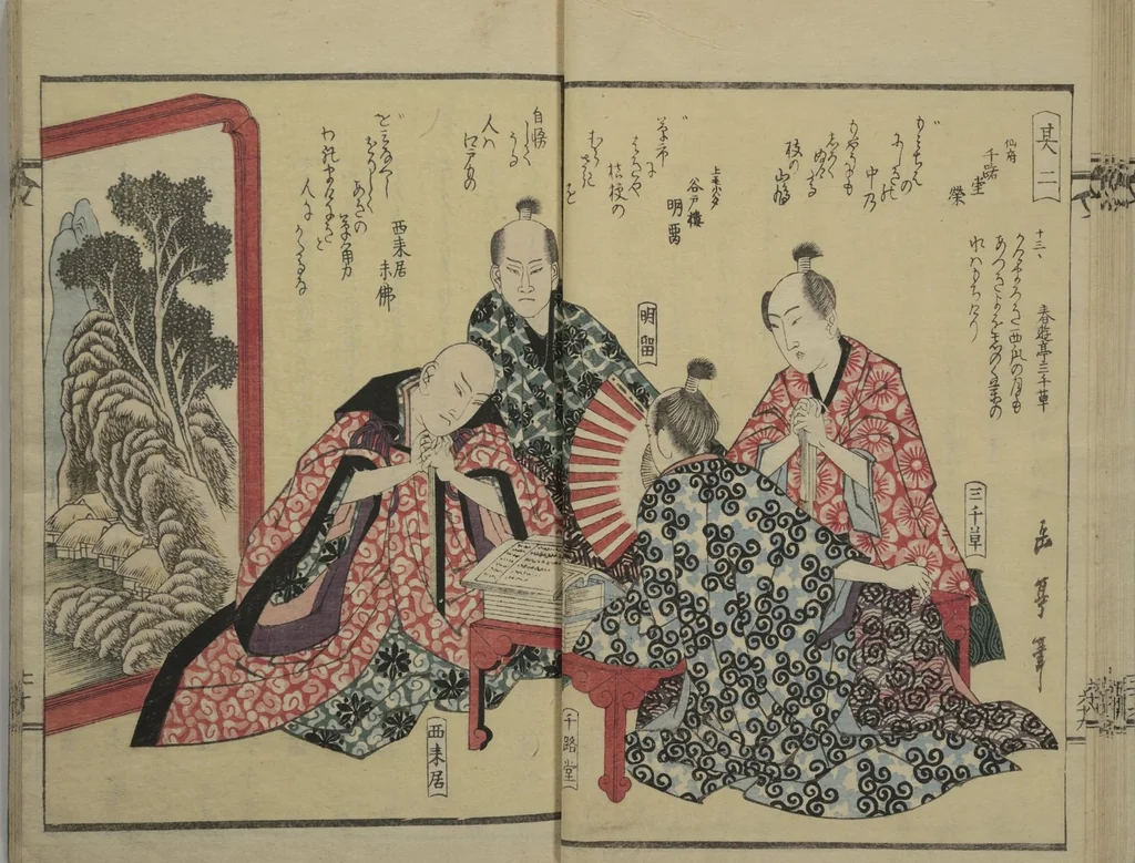An illustration from Collection of Kyōka Verse with Portraits of Poets in Famous Numerical Groupings (Kyōka meisū gazō shū 狂歌名数画像集) : [volume 2], 1830, leaf 16
