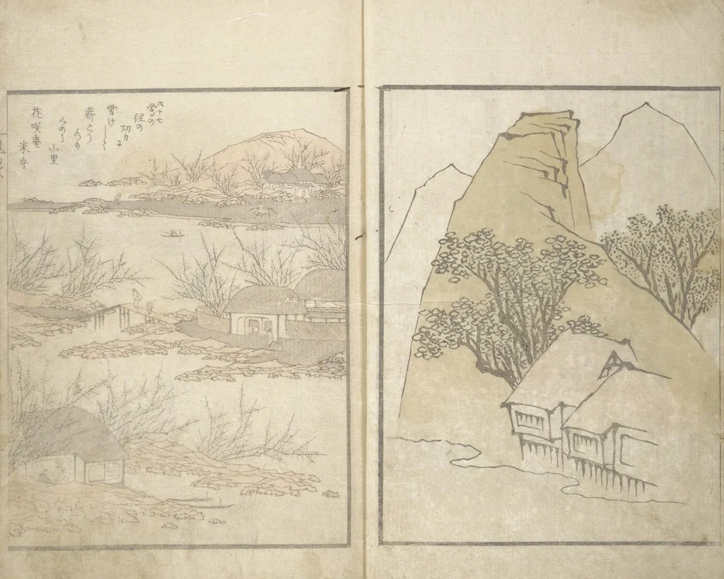 An illustration from Collected Light Verses and Noted Landscapes (Sansui kikan kyōka shū 山水奇観狂歌集), 1820, leaf 3