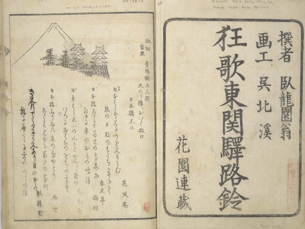 An illustration from Kyōka Poems as Chimes along the Tōkaidō (Kyōka tokan ekiro no suzu 狂歌東関駅路鈴), 1830, leaf 3