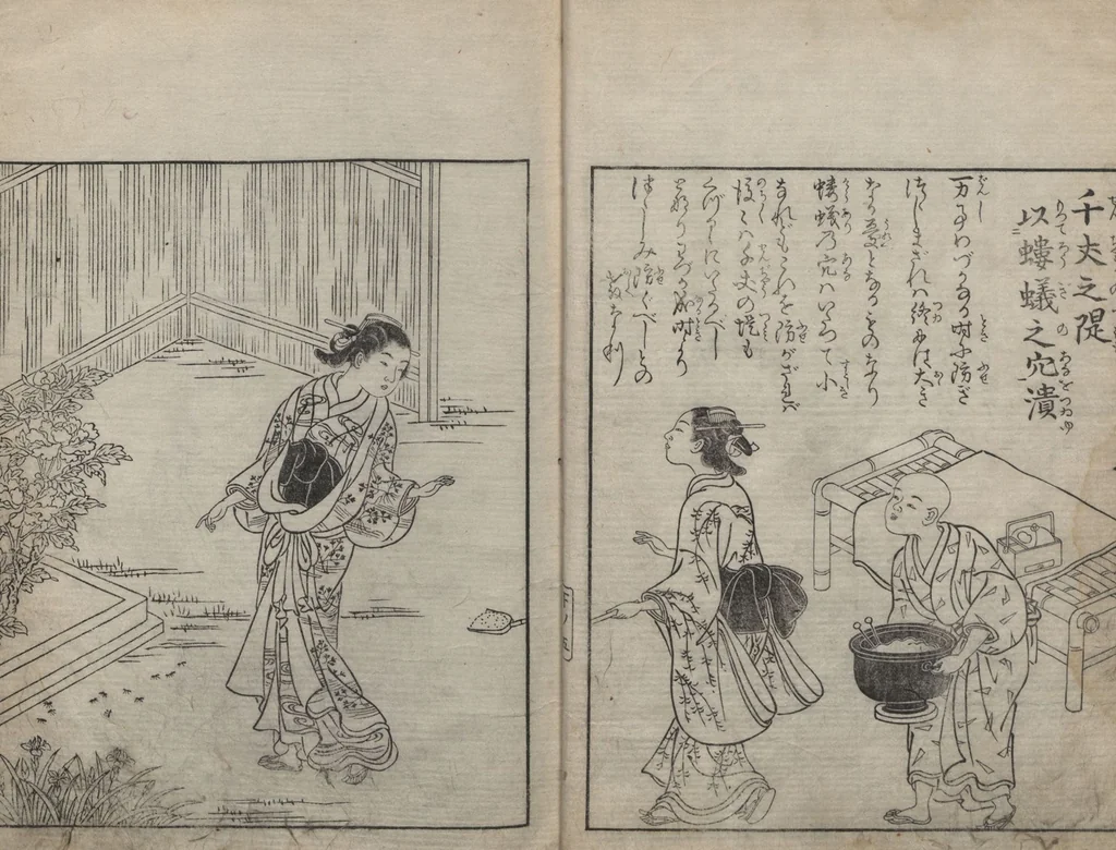 An illustration from Illustrated Proverbs, The Illustrated Lives of Women (Ehon Mitsuwagusa 絵本三津輪草) : [final volume], 1758, leaf 7