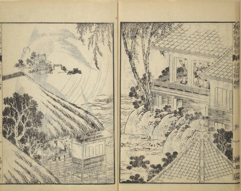 An illustration from Illustrated "Anthology of Tang-Dynasty Poems" in Five-Syllable Lines (Tōshisen ehon gogon ritsu hairitsu 画本唐詩選五言律排律), 1836, leaf 14