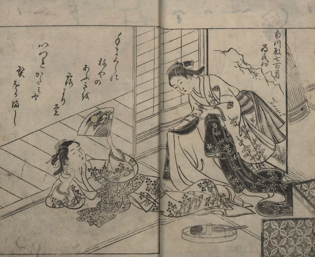 An illustration from Picture Book: Chrysanthemum (Ehon Chiyomigusa 絵本千代見草) : [volumes 2-3], 1755, leaf 11