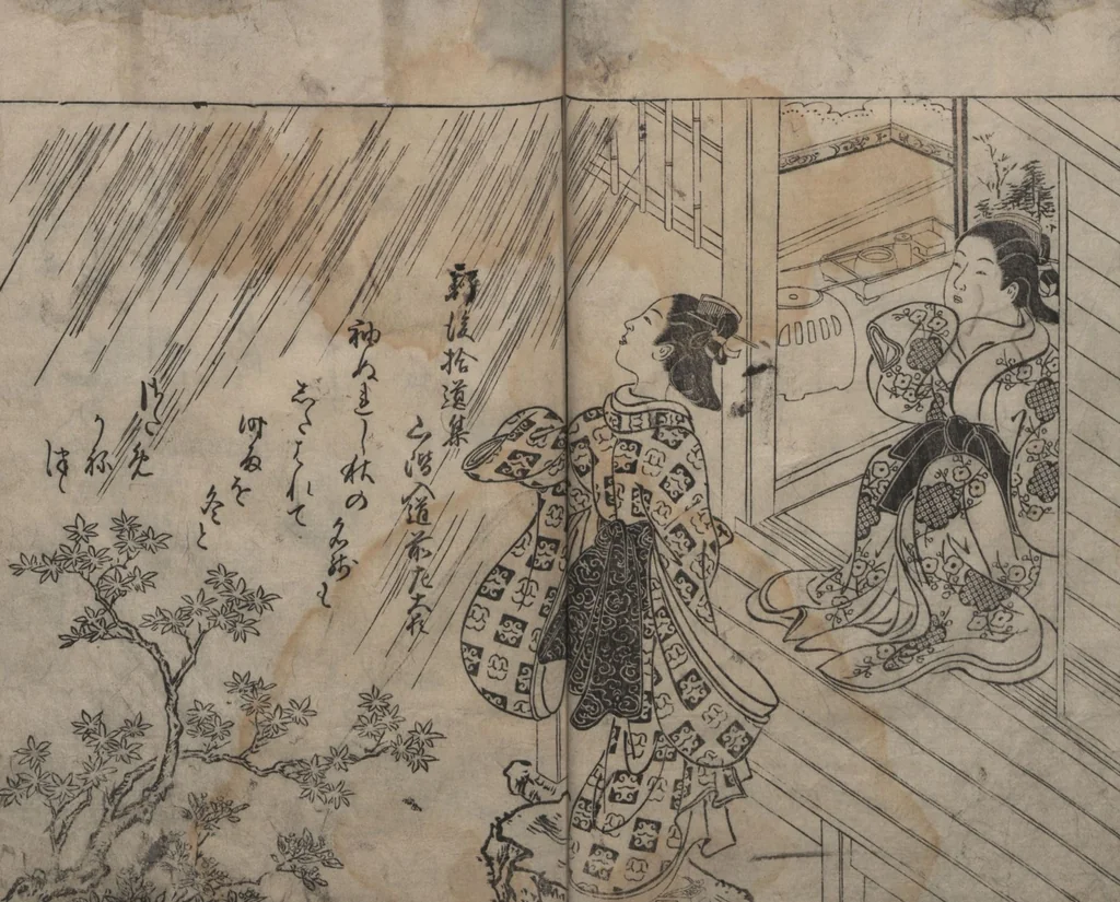 An illustration from Picture Book: Chrysanthemum (Ehon Chiyomigusa 絵本千代見草) : [volumes 2-3], 1755, leaf 16
