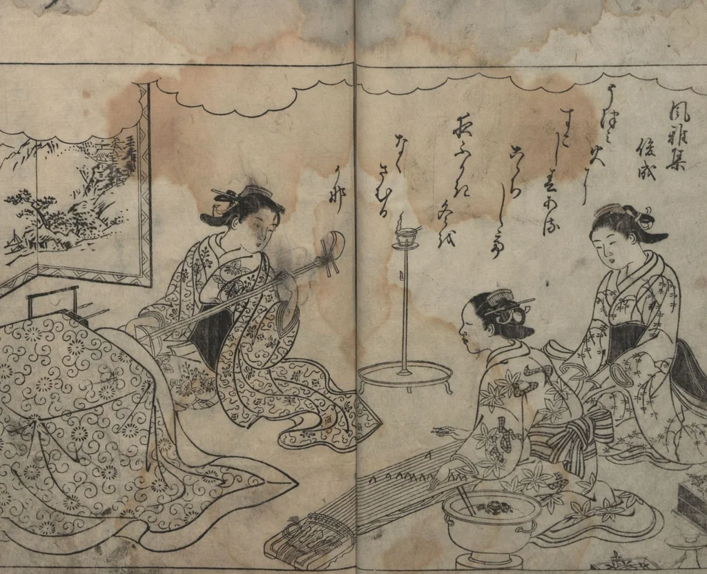 An illustration from Picture Book: Chrysanthemum (Ehon Chiyomigusa 絵本千代見草) : [volumes 2-3], 1755, leaf 17