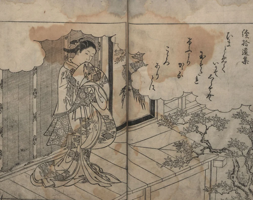 An illustration from Picture Book: Chrysanthemum (Ehon Chiyomigusa 絵本千代見草) : [volumes 2-3], 1755, leaf 18