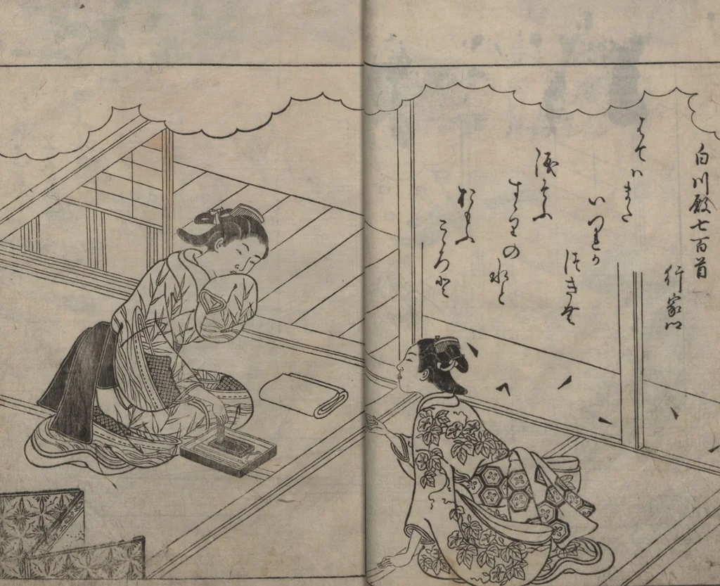 An illustration from Picture Book: Chrysanthemum (Ehon Chiyomigusa 絵本千代見草) : [volumes 2-3], 1755, leaf 9